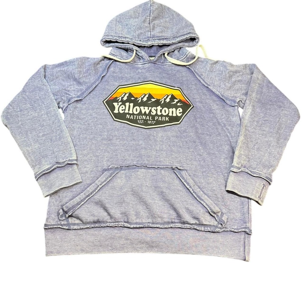 Yellowstone National Park Hoodie Womens M Blue Distressed Thumb Holes US Vintage